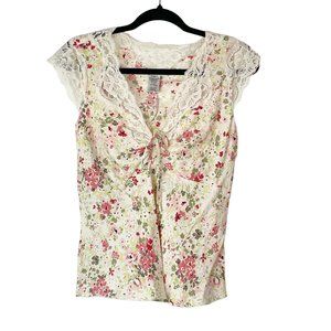 Vintage Silk Top Floral Silk Lace Y2k  90s Size 8 M Gathered V Neck Flowers